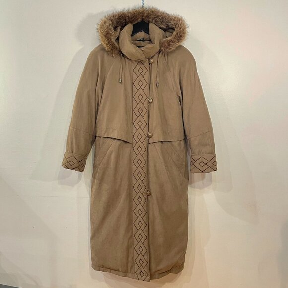 Faux Suede Down Fill Fur Trim Parka Taupe Brown Small - Picture 1 of 12